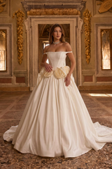Ivory Satin Ball Gown Wedding Dress with Off-Shoulder & 3D Florals