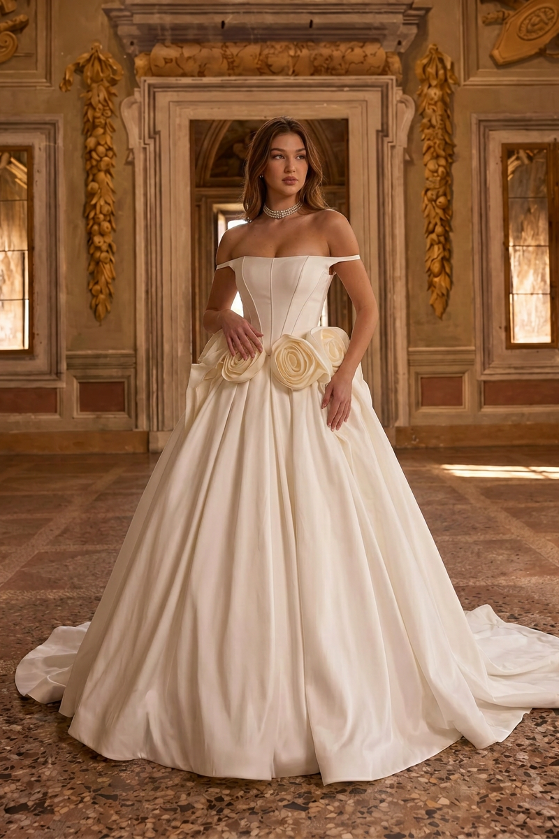 Ivory Satin Ball Gown Wedding Dress with Off-Shoulder & 3D Florals