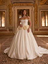Ivory Satin Ball Gown Wedding Dress with Off-Shoulder & 3D Florals